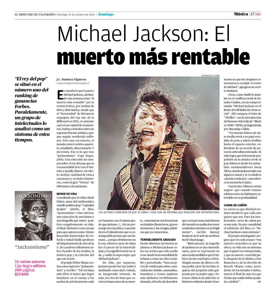 Michael Jackson, el muerto más rentable (19 de octubre 2014, Suplemento Ku, Medios Regionales)